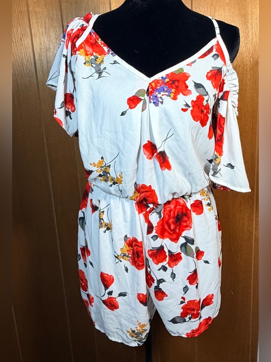 Sienna Sky Pants - Sienna Sky White and Red Floral Off-Shoulder Flutter Sleeve Romper - Size M